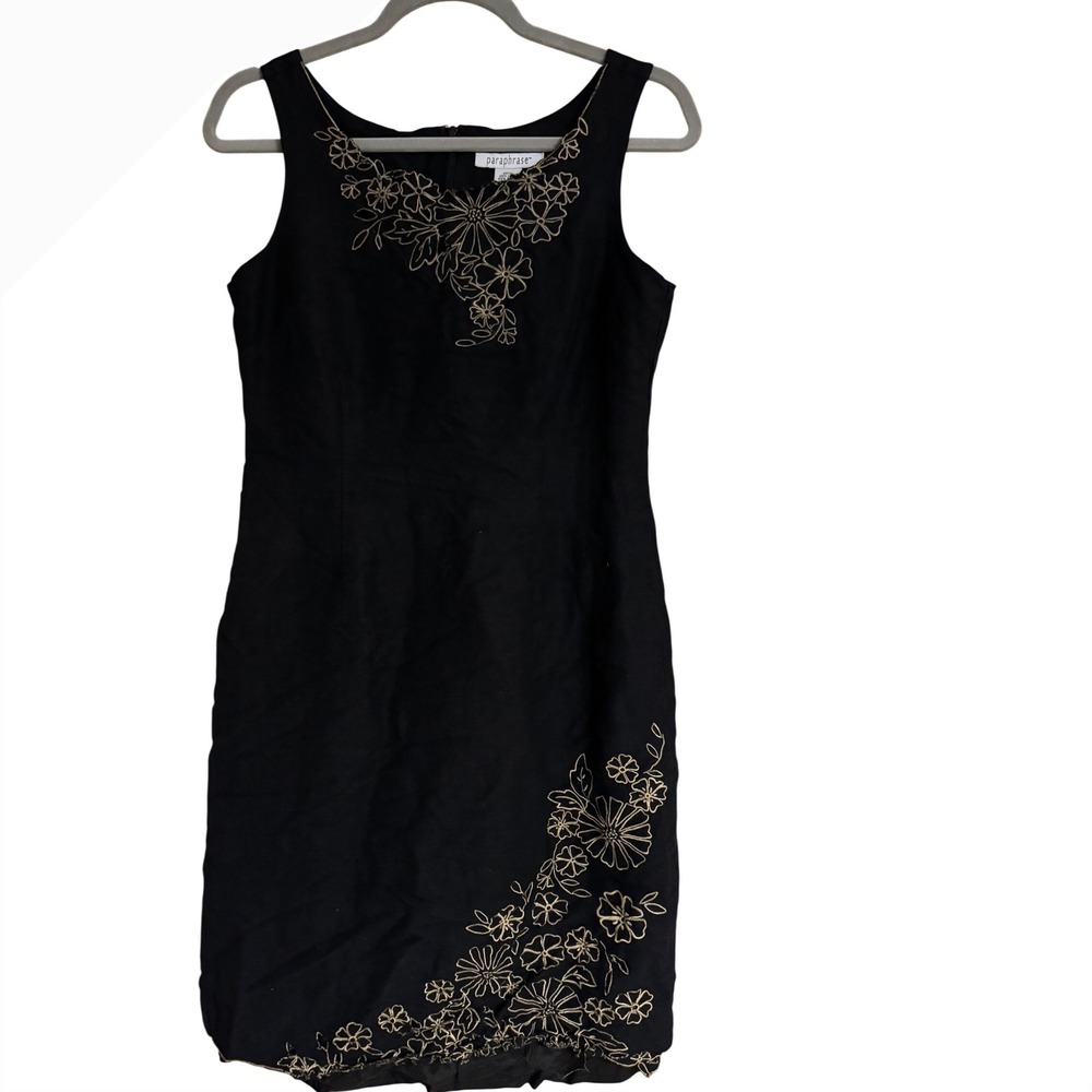 Paraphrase Womens Black Linen Blend Floral Embroidered Sheath Dress Size 4